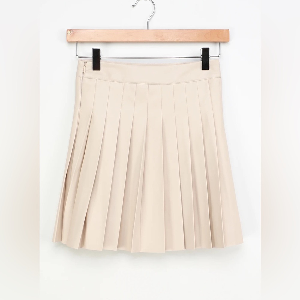 In Your Court Beige Vegan Leather Pleated Mini Skirt